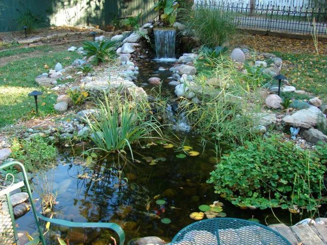 Backyard pond with waterfall, lush plants, and rocks. Green chair in the foreground.