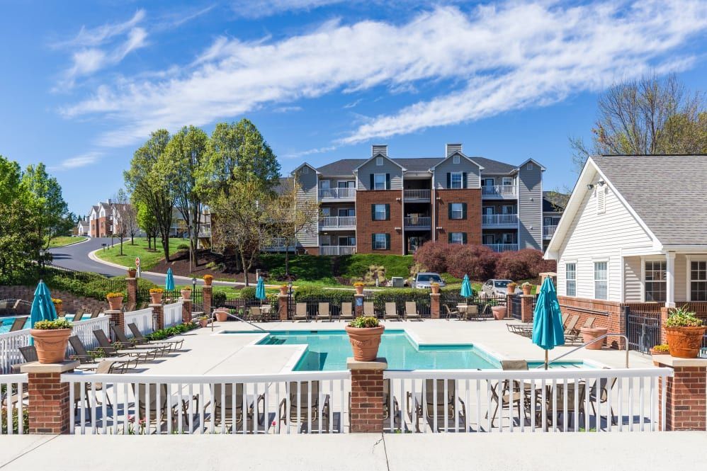 A large swimming pool in front of a large apartment building at Glade Creek, VA.