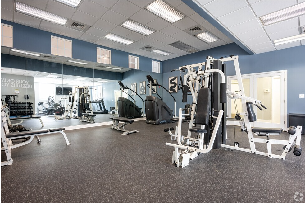 Gym interior with exercise machines on a dark floor, mirrors on the wall, blue accent walls, and bright lights.