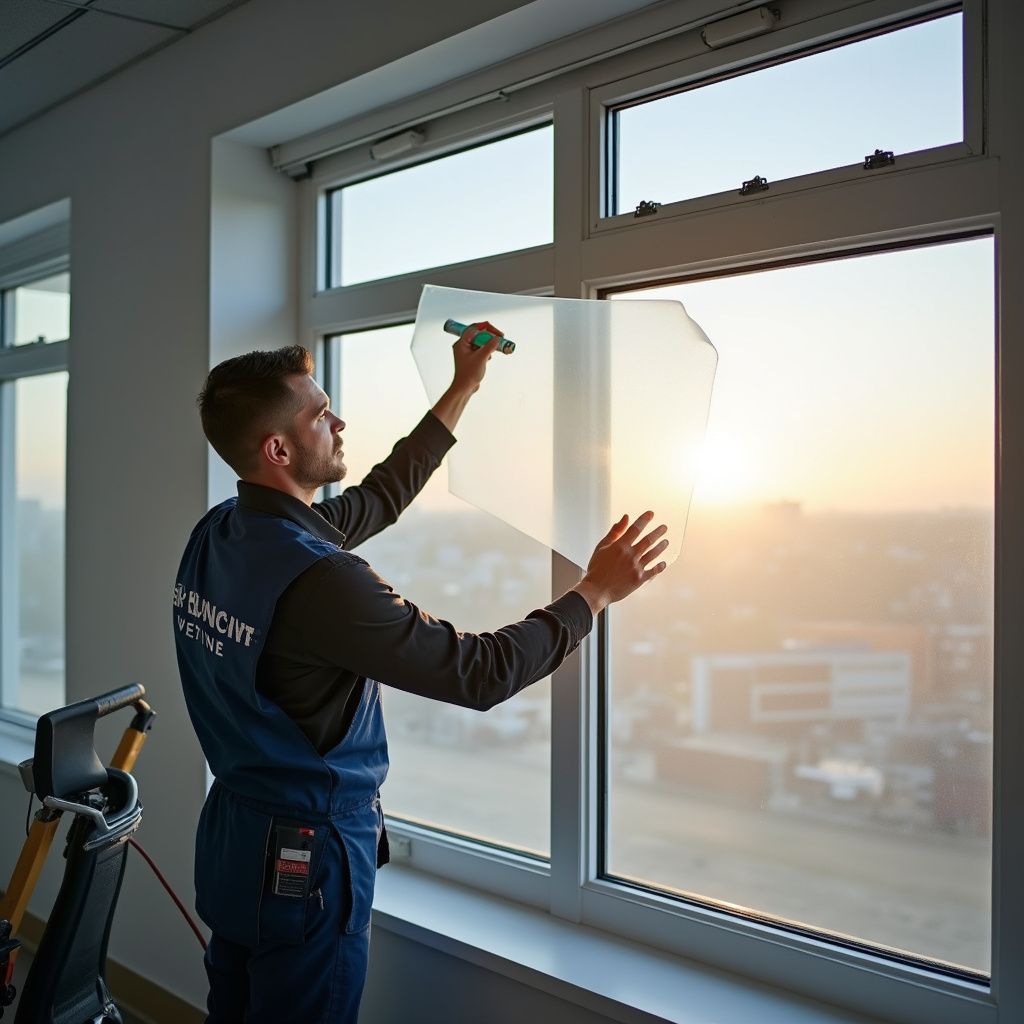 Man installing window film on an office window at sunset.