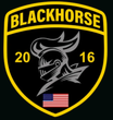 Blackhorse logo: Black shield with knight's helmet, US flag, 