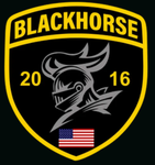 Blackhorse logo: Black shield with knight's helmet, US flag, 