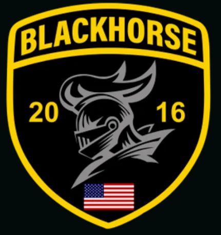 Blackhorse logo: Black shield with knight's helmet, US flag,