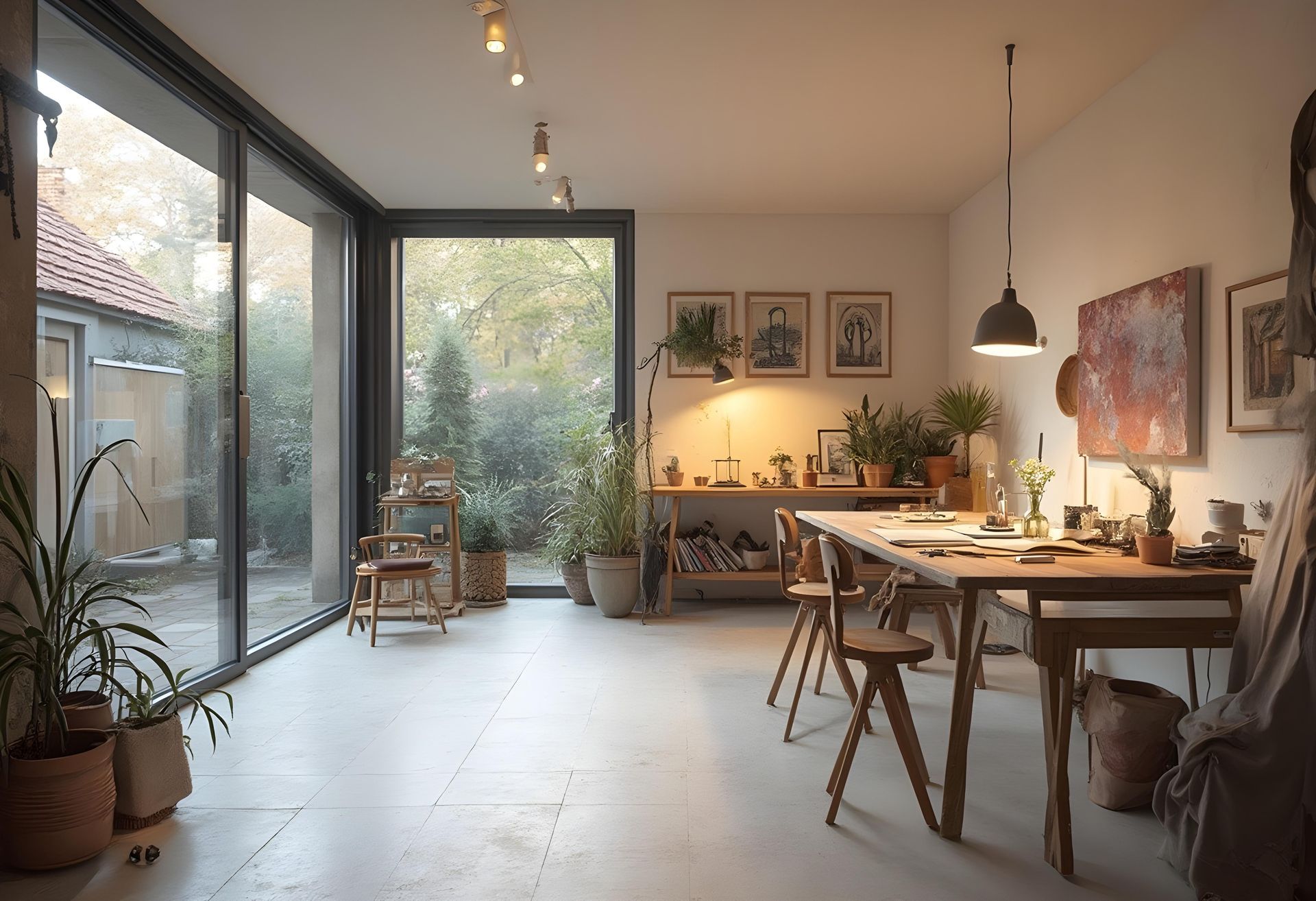 garage doors converted to patio doors in a garage conversion art studio