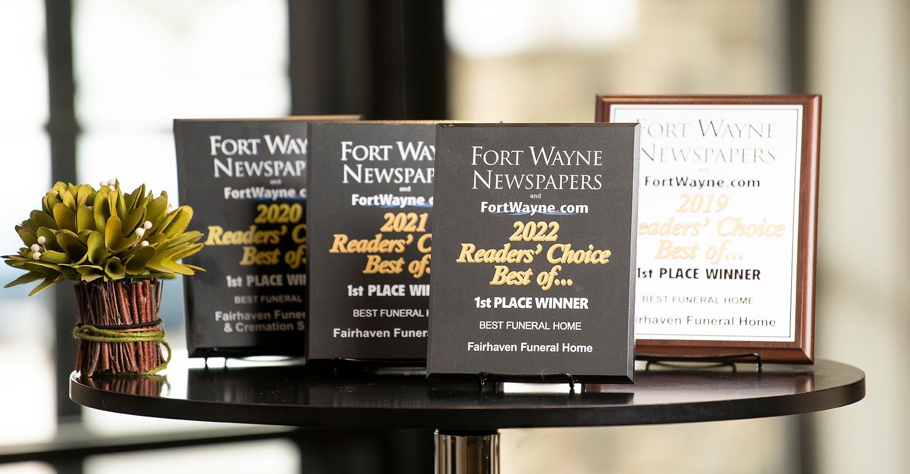 Best funeral home in Fort Wayne plaques indicating 1st place winner