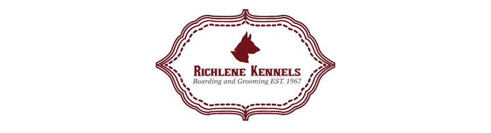 Logo for Richlene Kennels featuring a dark red dog silhouette inside a decorative, vintage-style frame.