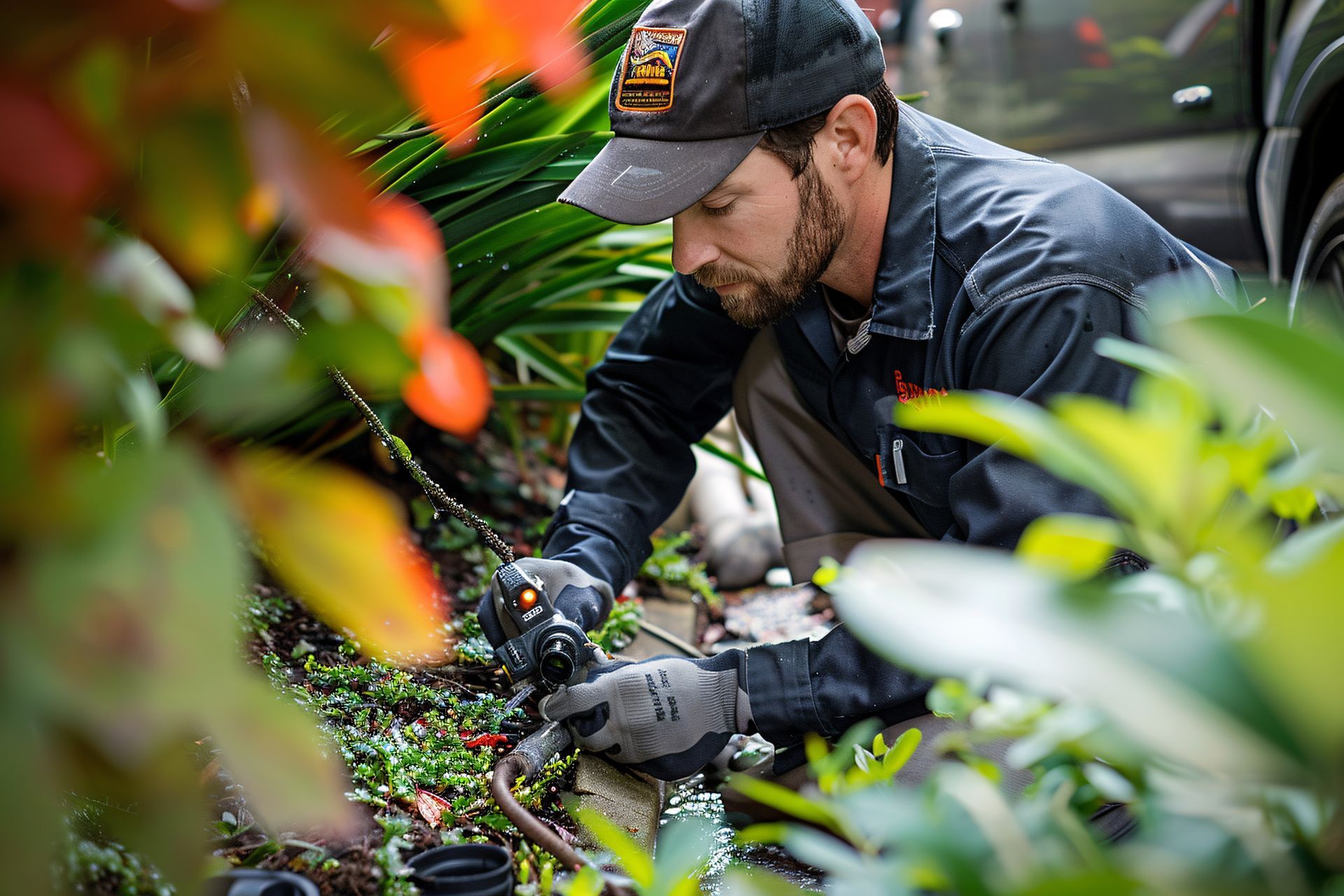 A man is working on a hose in a garden.