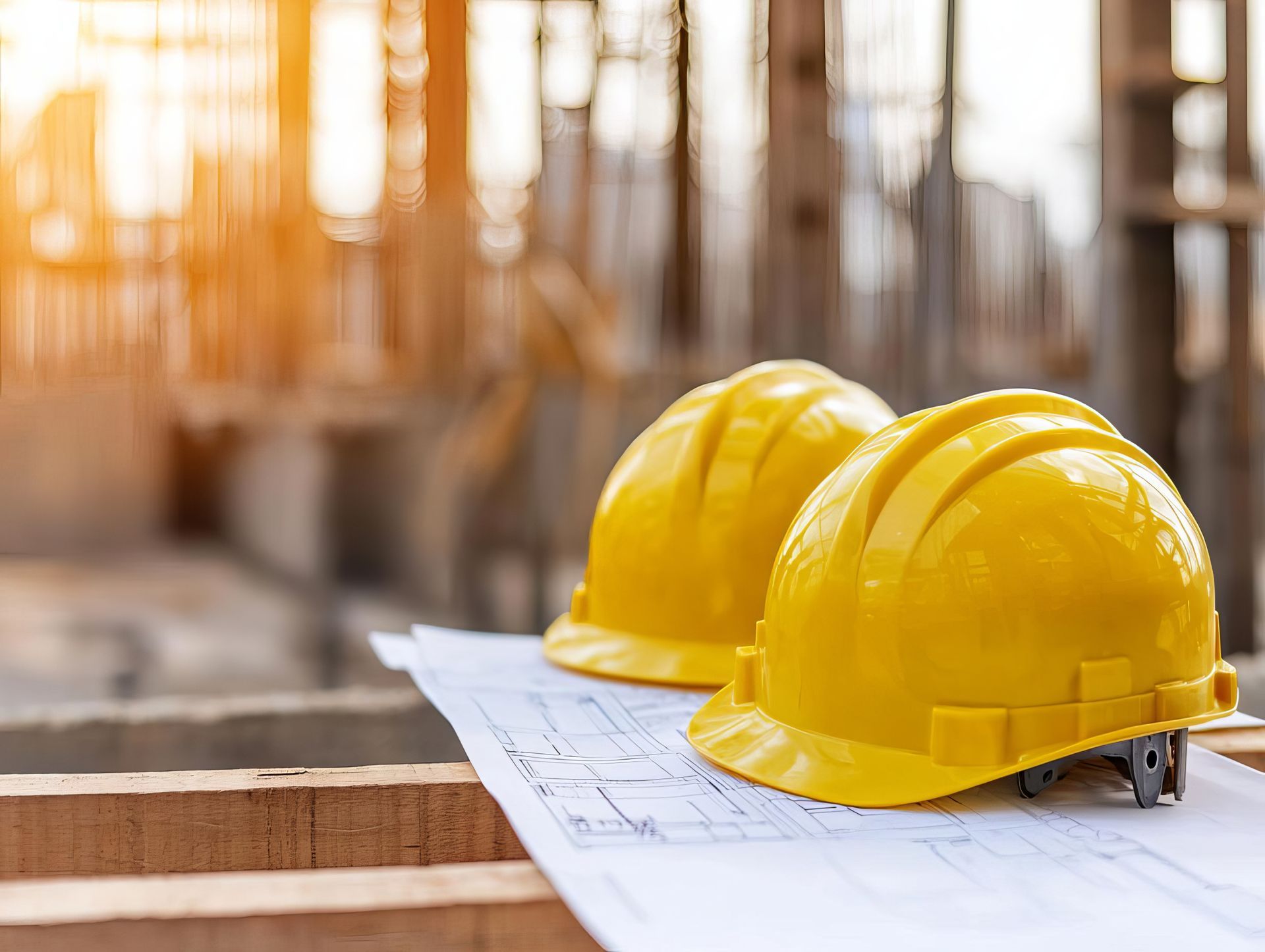 Two yellow hard hats are sitting on top of a blueprint at a construction site.