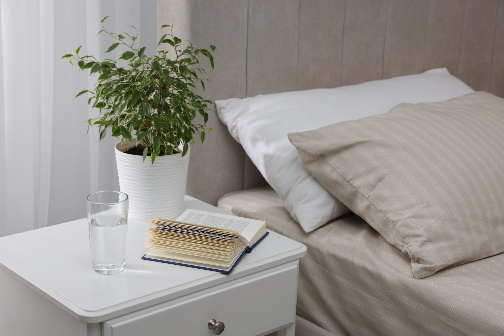 White nightstand with a plant, glass of water, and book next to a bed with pillows.