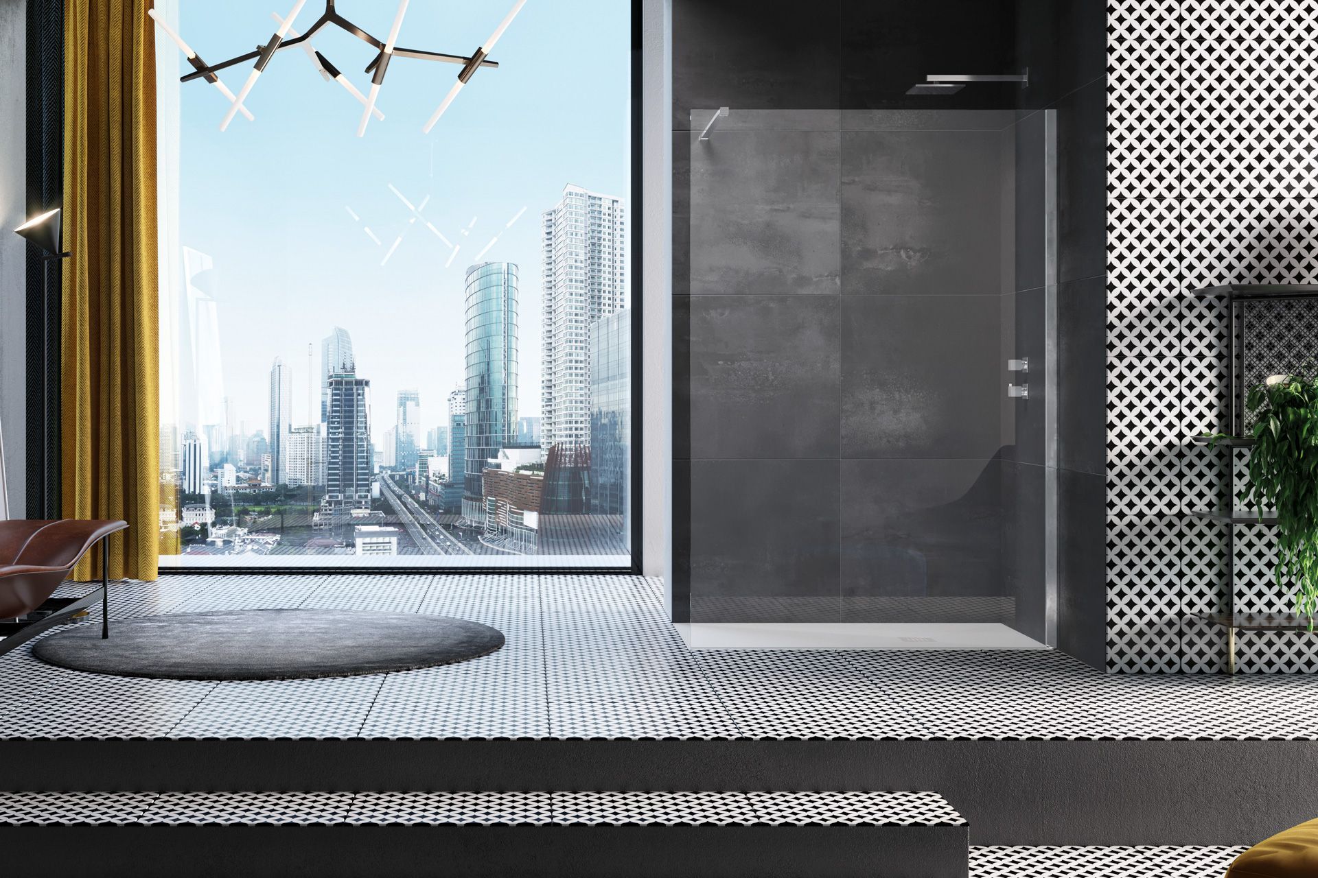 Un bagno moderno con box doccia in vetro, parete rivestita di piastrelle nere e un'ampia finestra con vista sullo skyline della città.