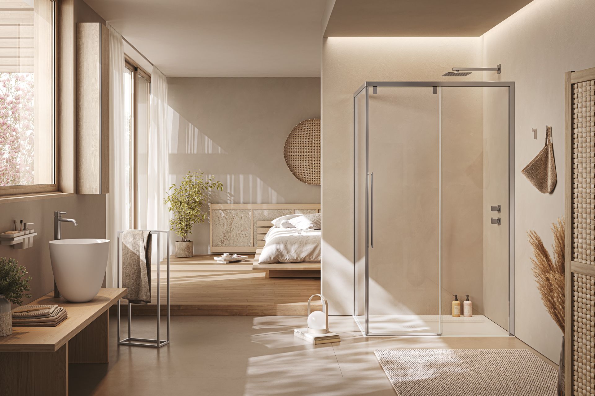 Un bagno moderno e minimalista con box doccia in vetro, lavabo a colonna e vista su una camera da letto luminosa e ariosa.