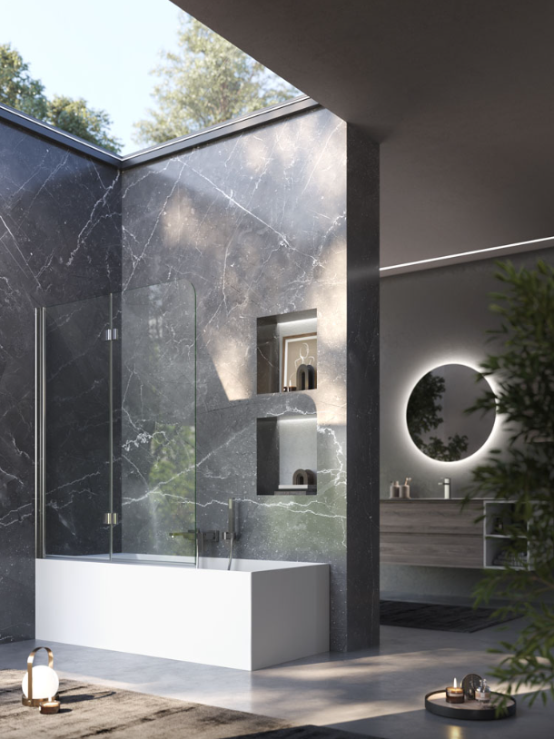 Bagno moderno con vasca bianca, box doccia in vetro e pareti in marmo scuro con nicchie illuminate a incasso.