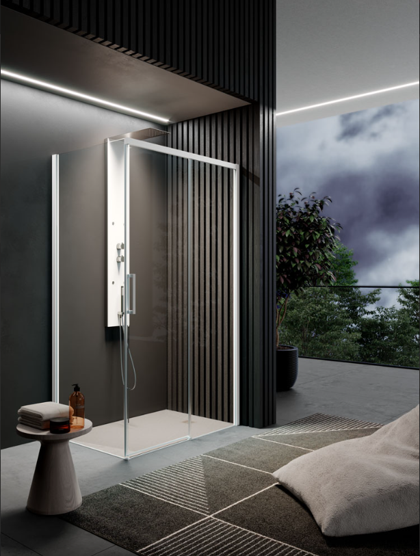 Un moderno box doccia in vetro con telai bianchi, inserito in un bagno contemporaneo con rivestimento a pannelli a doghe scure.