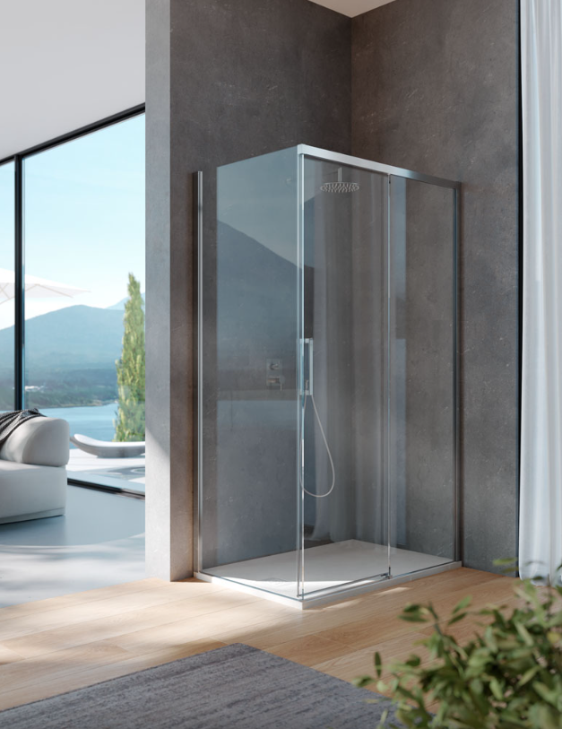 Un moderno box doccia quadrato in vetro con cornice argentata, posizionato in un bagno contemporaneo con vista sul lago.