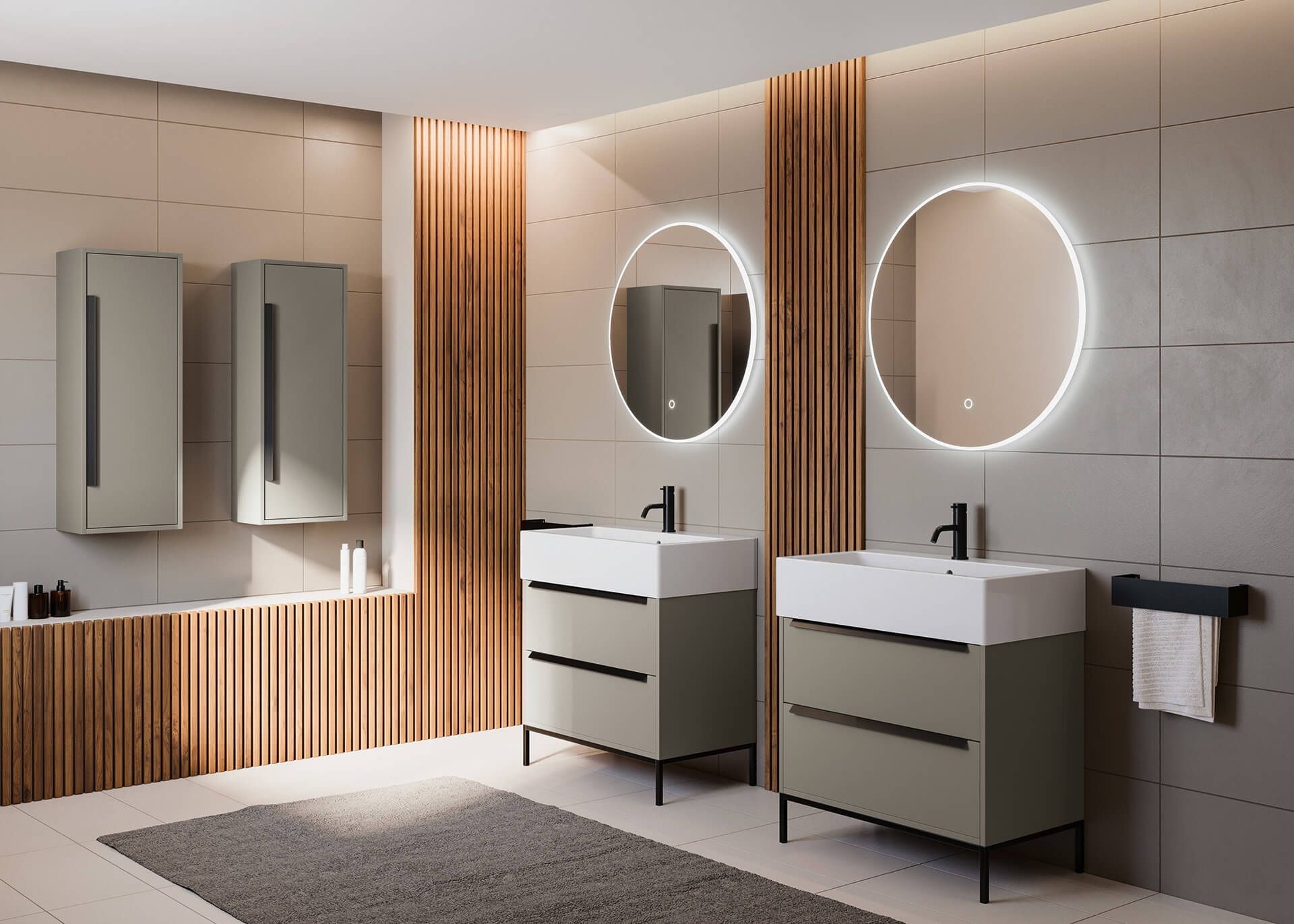 Un bagno moderno con due mobili lavabo grigi con lavandini bianchi, specchi circolari illuminati e pannelli verticali in legno.