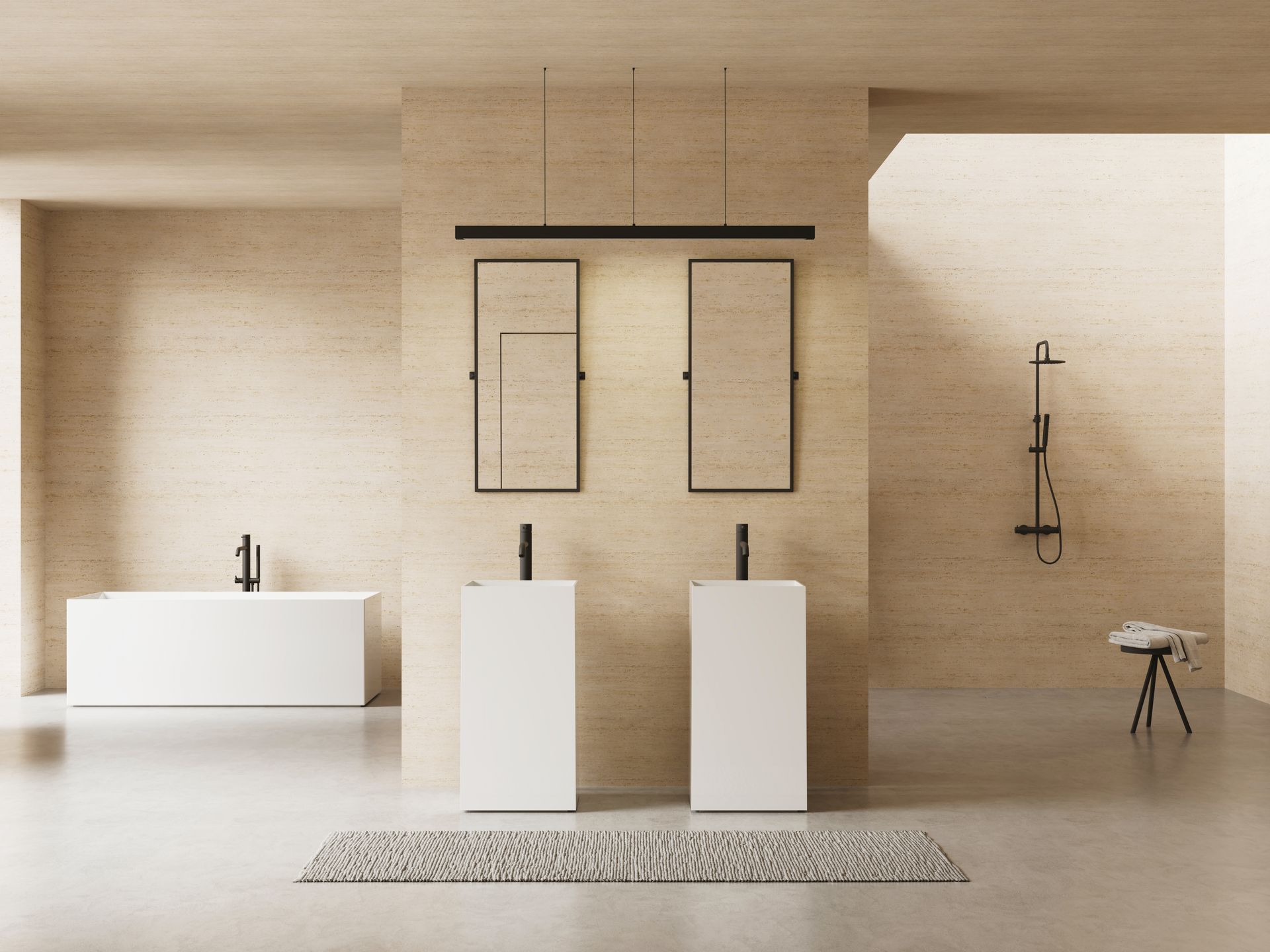 Bagno minimalista con due lavabi a colonna bianchi, specchi rettangolari, una vasca da bagno bianca e una doccia in un ambiente dai toni beige.
