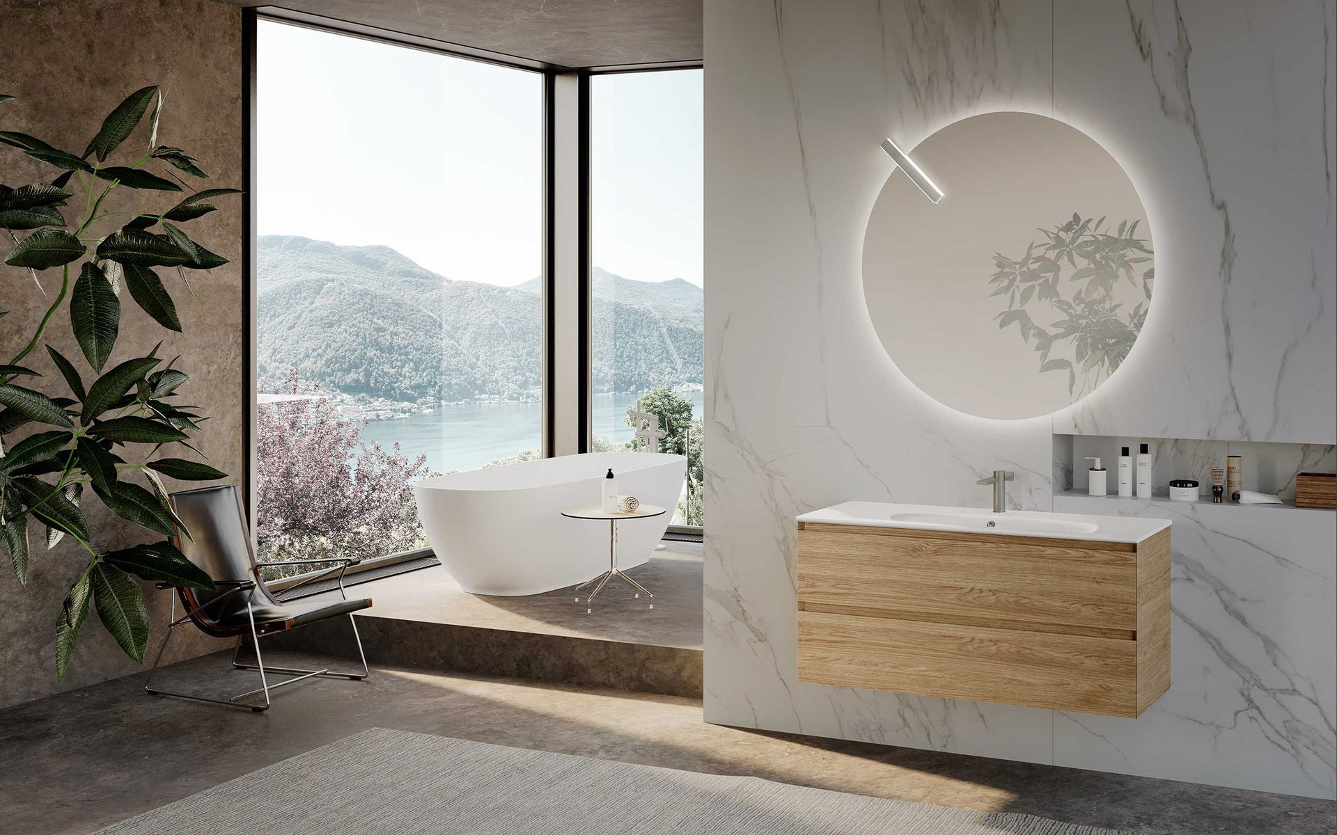 Un bagno moderno e minimalista è caratterizzato da un mobile lavabo in legno, uno specchio rotondo retroilluminato.