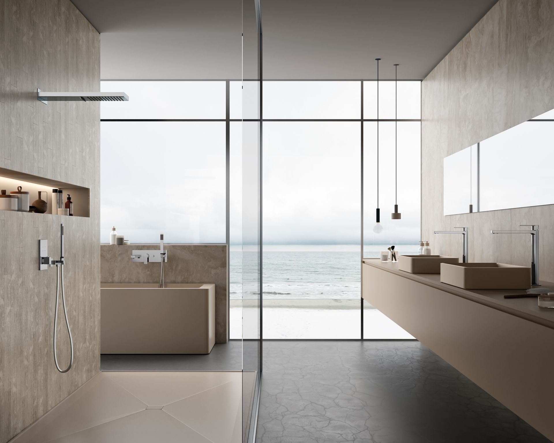 Un bagno moderno e minimalista con doccia, vasca e doppio lavabo, caratterizzato da ampie finestre con vista sull'oceano.