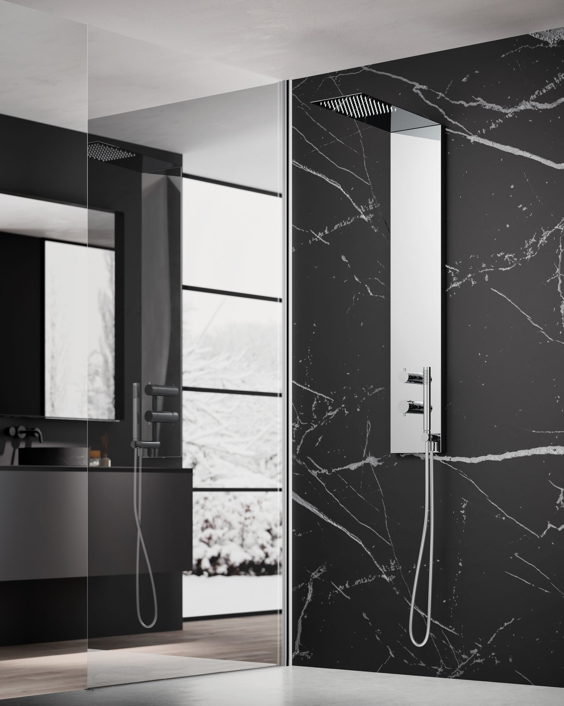 In un bagno contemporaneo, il pannello doccia moderno con soffione a pioggia e doccetta è installato su una parete in marmo nero.