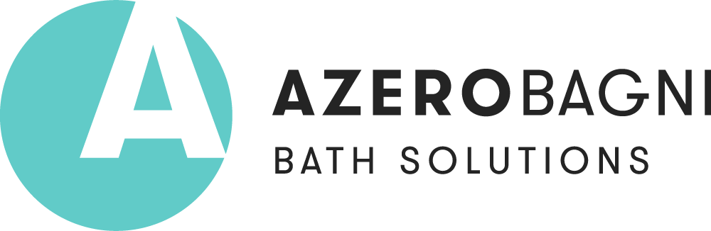 Logo per AzeroBagni Bath Solutions caratterizzato da una A maiuscola bianca all'interno di un cerchio azzurro, seguita da testo nero.