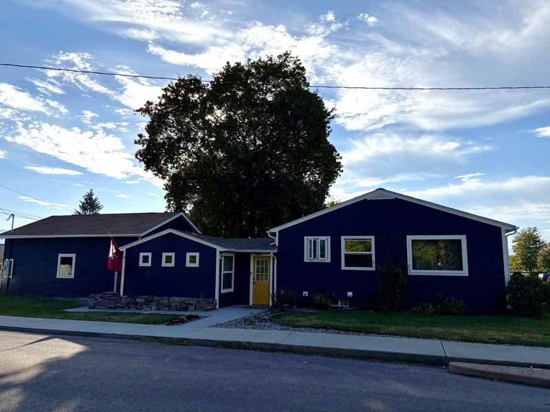 A dark blue, single-story house with white trim, a yellow front door, and a large tree in front under a cloudy blue sky.