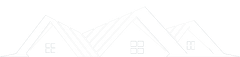 A white line-art graphic of three stylized house roofs with simple window designs set against a plain background.