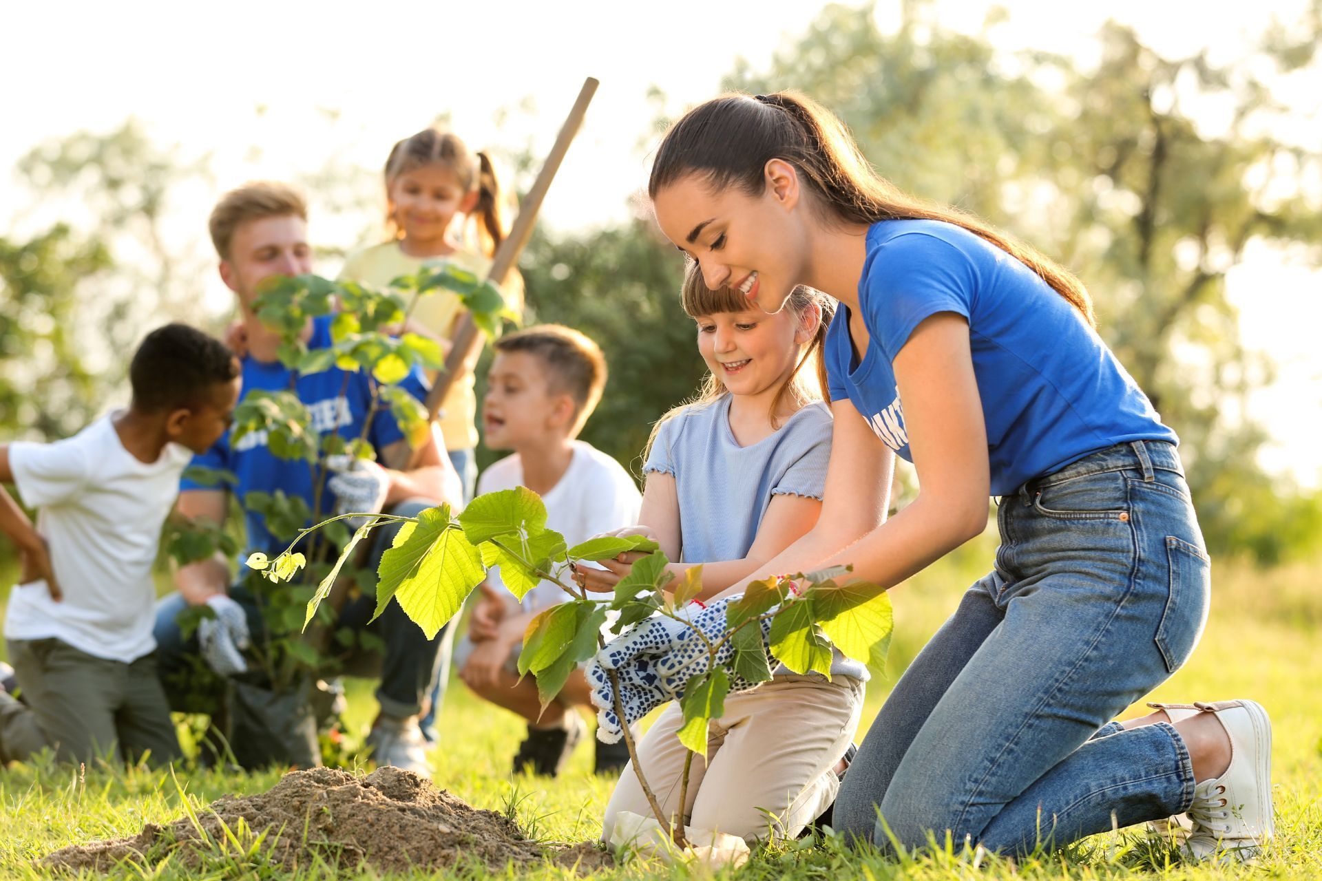 A group of people are planting trees in a park.