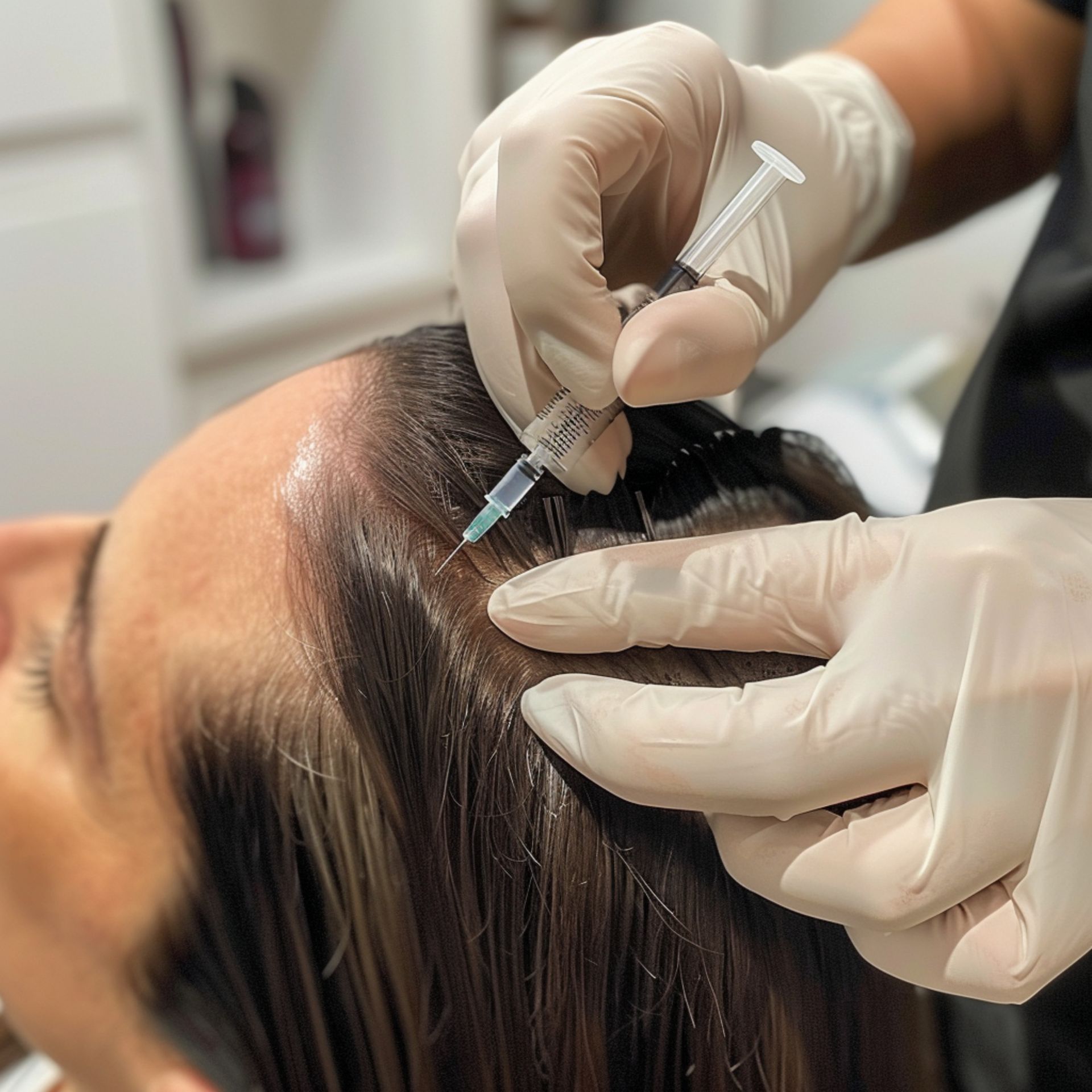 A woman is getting an injection in her hair.
