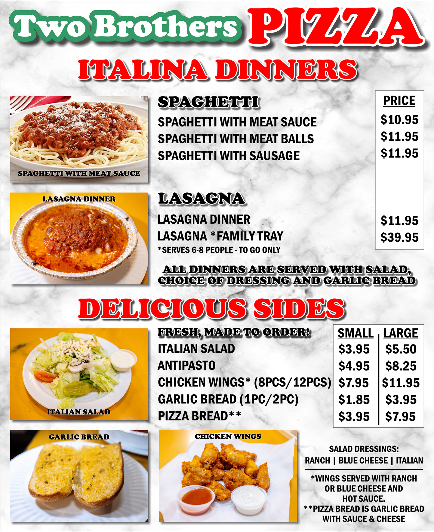 A menu for two brothers pizza italiana dinners