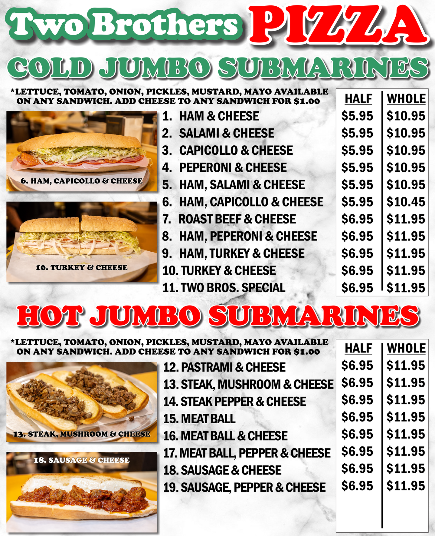 A menu for two brothers pizza cold jumbo submarines and hot jumbo submarines.