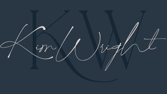 The name kim wright is written in cursive on a dark blue background