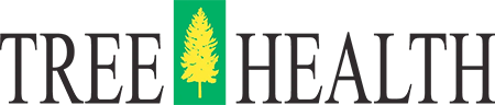 A logo for tree health with a pine tree on a green background.