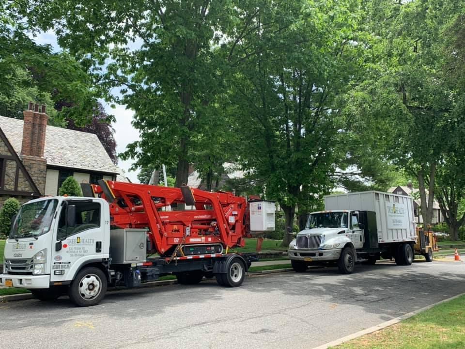 Two trucks are parked on the side of the road in front of a house.
