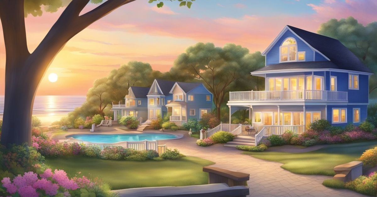 A serene beach with a colorful sunset, a cozy home with a lush garden, and a peaceful park