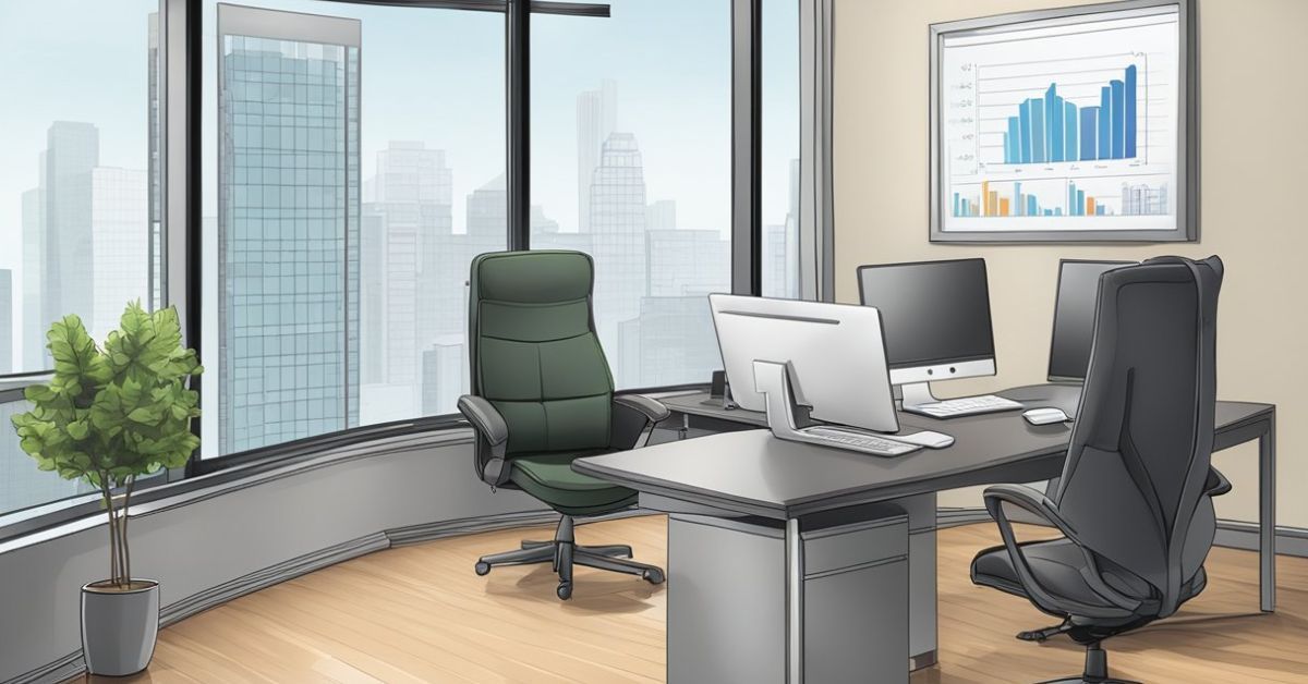 A modern office with a sleek desk, computer, and financial charts on the wall.