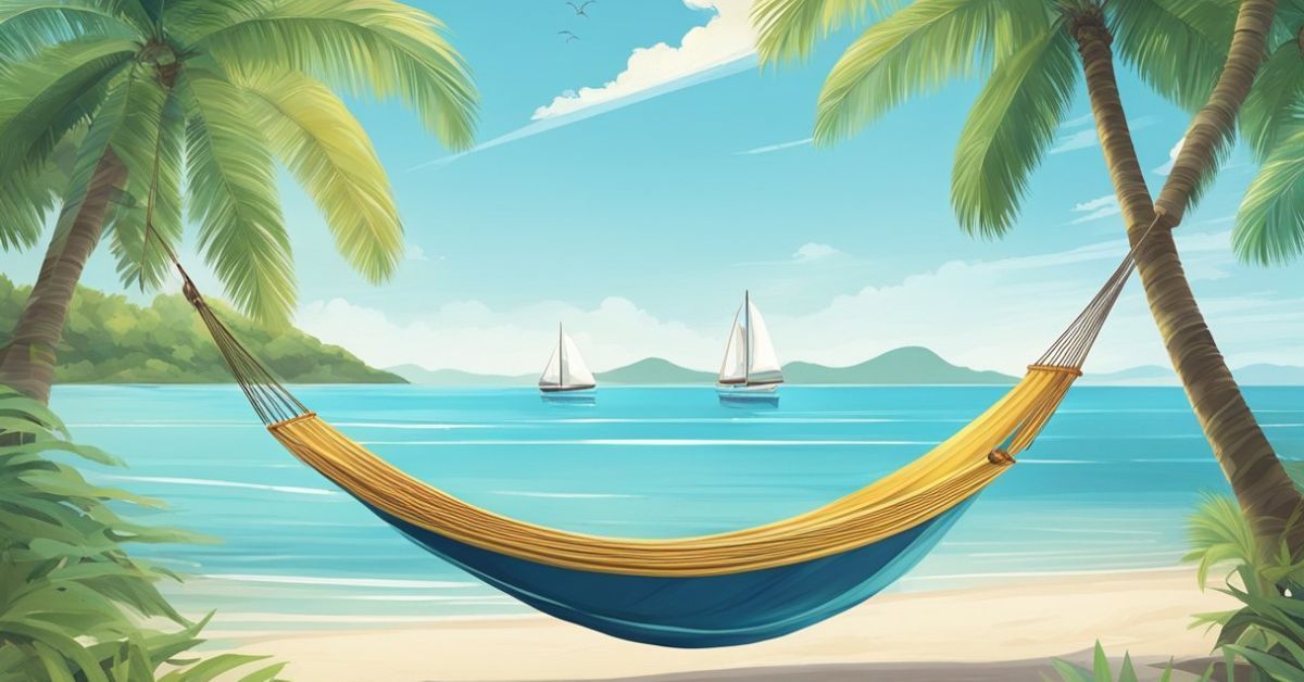 A hammock near the beach overlooking the ocean and two sail boats.