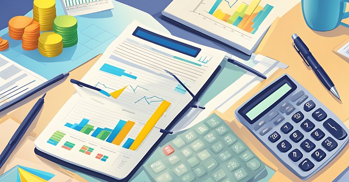 An illustration of graphs, calculators, pens, and coin stacks.