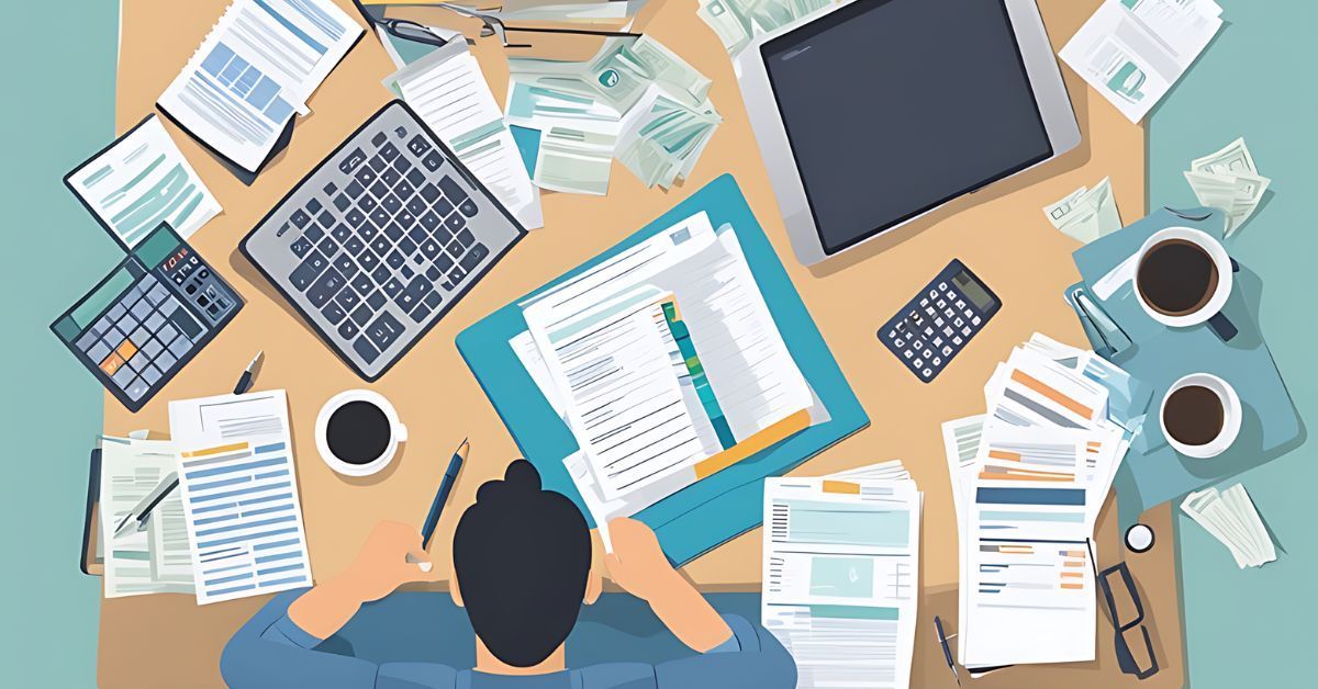 An illustration of a man sitting at a desk with paperwork and coffee.