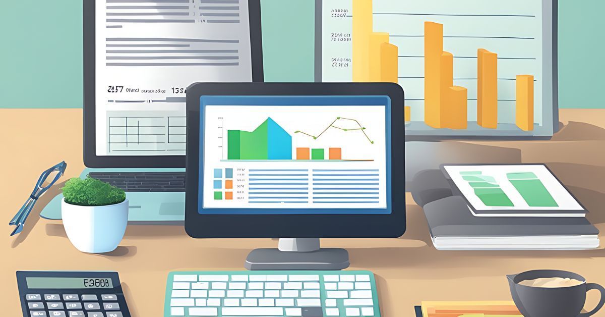 An illustration of several computers at a desk, keyboard, and calculator.