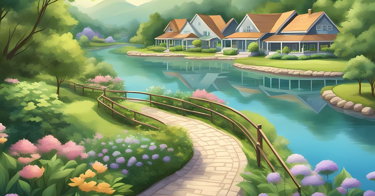 An illustration of a cobblestone path near a river, nice homes, and flowers.