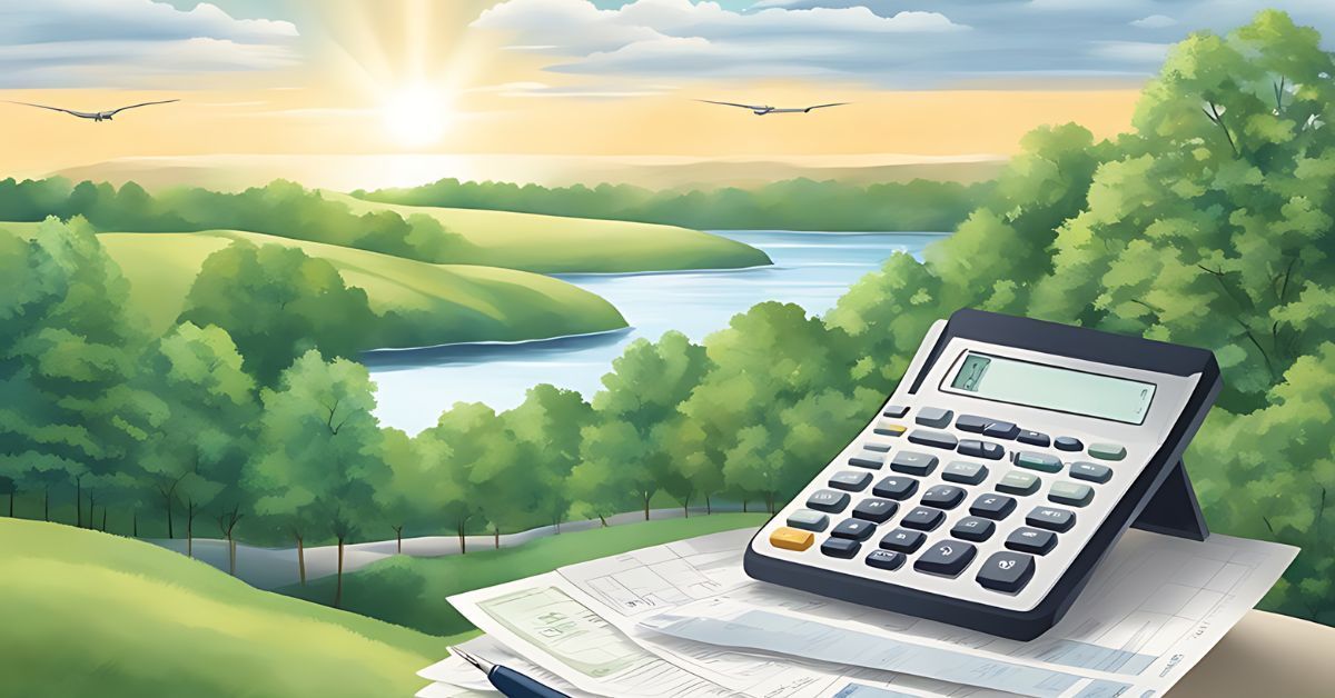 A calculator and financial papers.  Beautiful scenery is in the background.