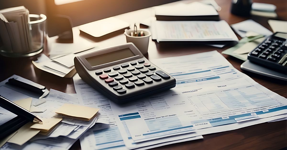 A calculator, financial documents, pens, and other desk items sitting on top of a desk.