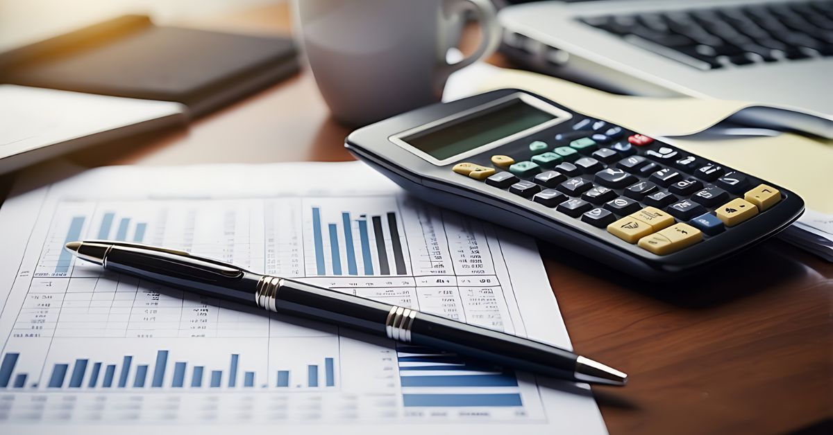 A cup of coffee, a calculator, and a pen sitting on top of financial documents.