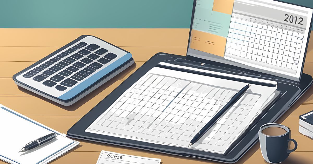 An illustration of a calendar, calculator, and paper with a pen.