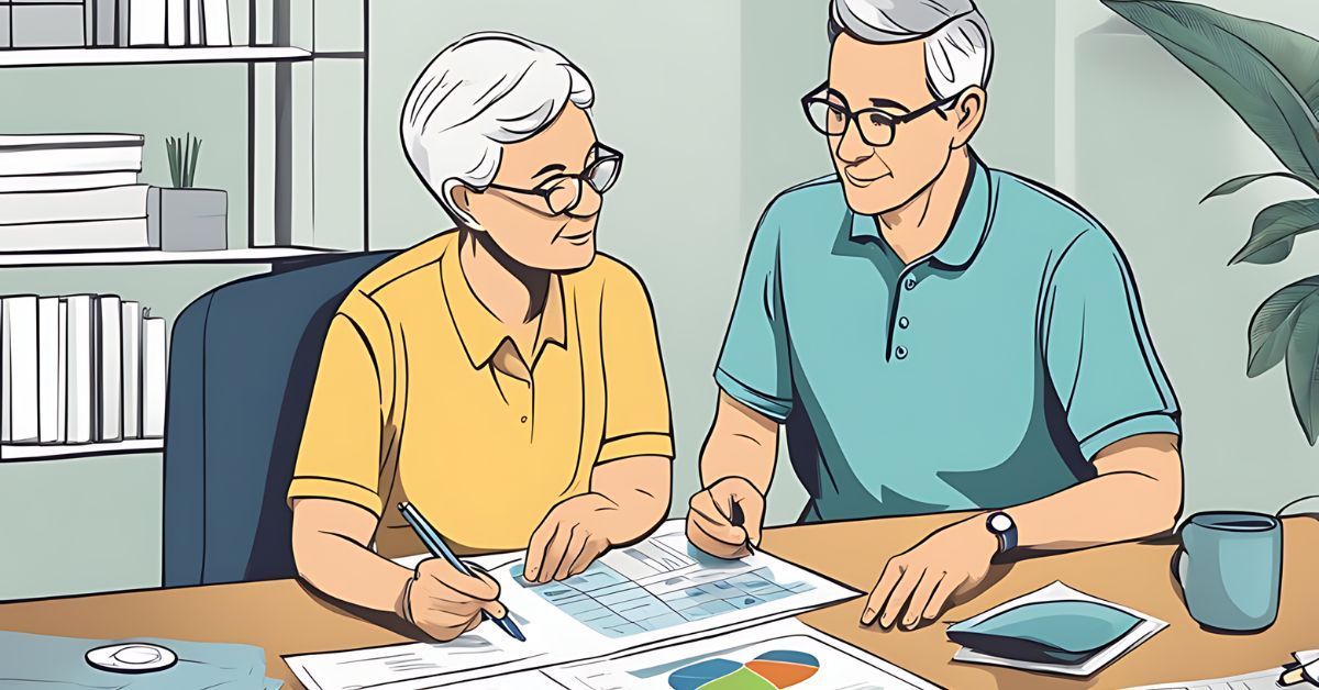 An illustration of a senior couple going over financial documents at a table.