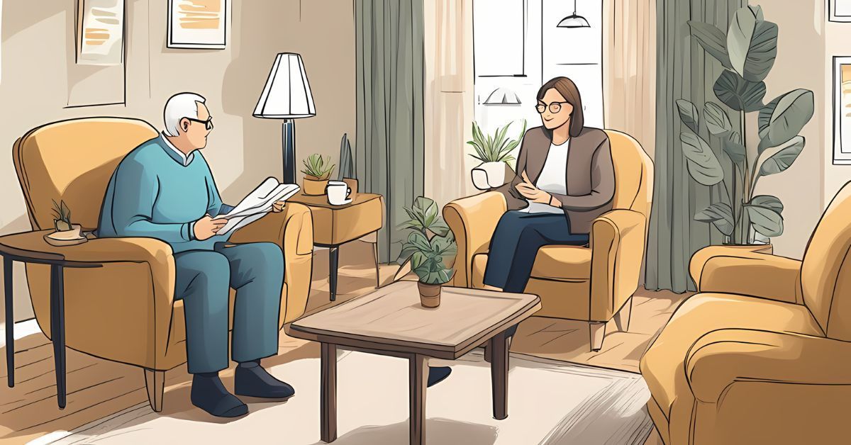 An illustration of a senior couple sitting in a living room.