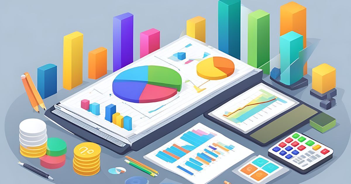 An illustration of multiple  bar graphs, pie charts, and line graphs, with stacks of coins, pencils, and a calculator.