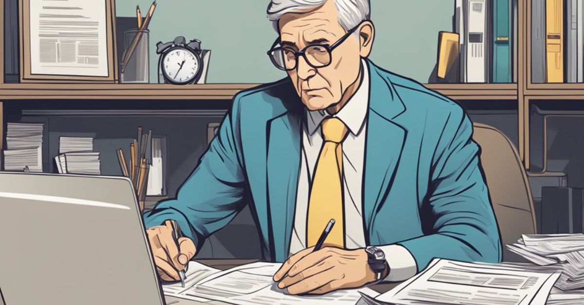 An illustration of a man in a suit, sitting at a desk, working.