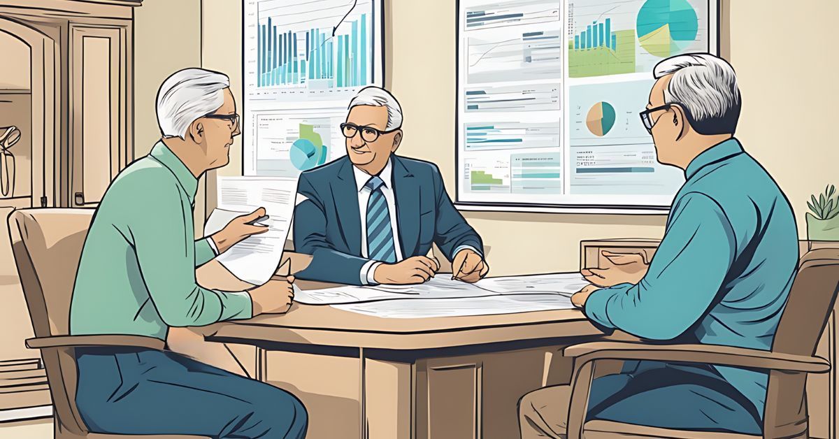 Three men in business attire gathered around a desk together with documents.