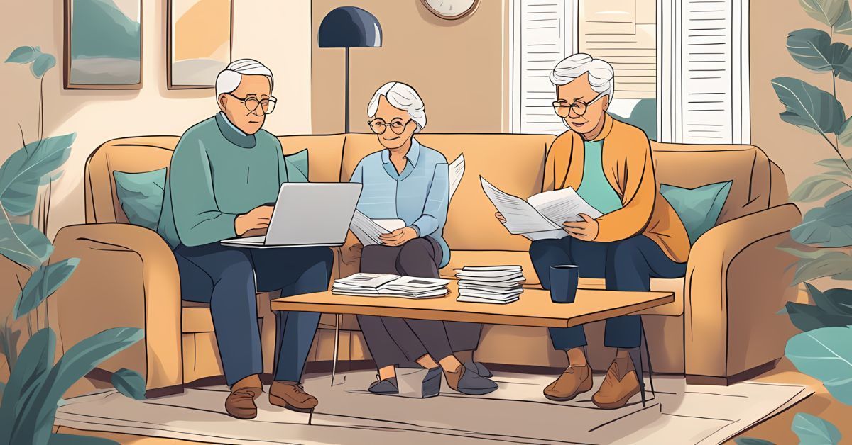 An illustration of a family sitting on a couch going over documents together.